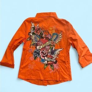 Platinum Plush Orange Graphic Rhinestone Top Size Medium